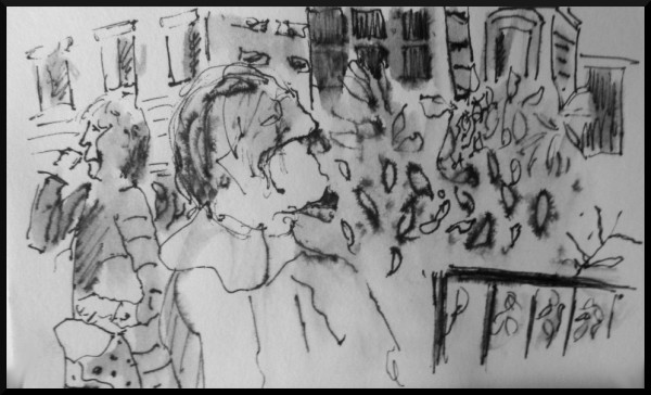 Crowd at the Palau, 2" x 4" pen and ink