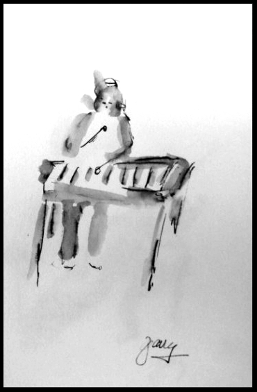 Xylophone Player Palau de la Musica, 2" x 4" pen and ink
