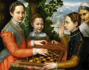 Three Sisters Playing Chess