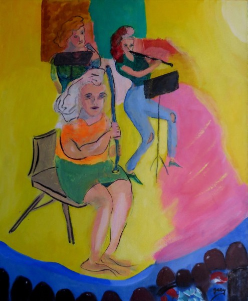 Trio at the Palau, acrylics on canvas, 21 x 18 cm," 55 x 45 cm