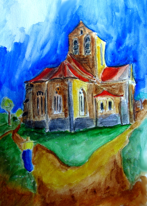 Church at Avers sur Oise: Ode to Vincent, waatercolor, 11.5 x 16.5", 30 x 42 cm