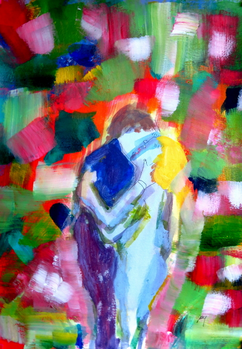 Couple Embraces II, acrylics on paper, 11.5 x 16.5", 30 x 42 cm