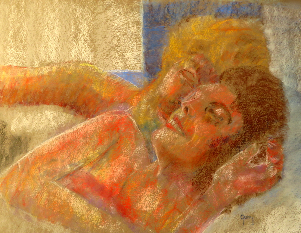 Couple Snuggling in Bed, pastels, 65 x 50 cm/25.5 x 20"