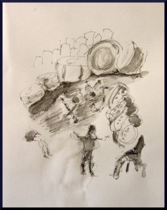Four Horns at Palau de la Musica pen and ink, the original drawing