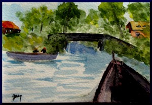 Giethoorn, Boat Nears Bridge, watercolor A6