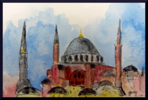 Hagia Sophia miniature (4" x 6") acrylics on postcard stock