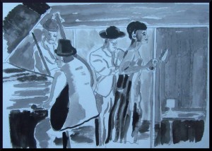 In The Club, pen and ink, A3, 16.5 x 11.5" 