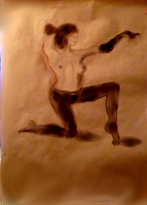 Model with Tights, conte crayon on butcher block paper