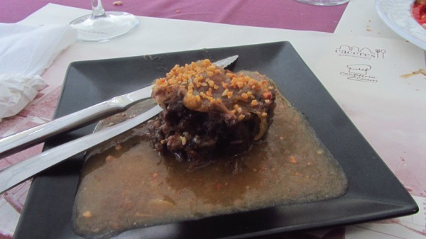 Cariilada - pork cheeks with migas (bread crumbs)