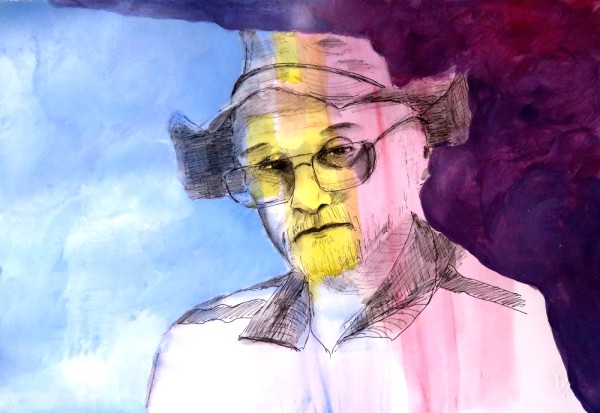 Portrait Of My Own Self in indiana Jones Hat, pen and ink. 33 x 48 cm, 13 x 20"