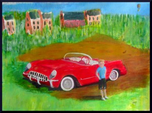 Rafa and the Corvette, acrylics, A3 11.5 x 16.5"