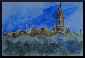 Topkopi Palace, miniature (4" x 6") acrylics on postcard stock