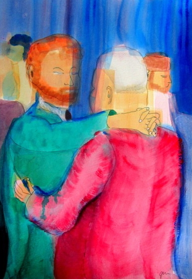 Two Men Dance, acrylics, 30 x 42 cm, 11.5 x 16.5