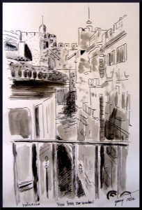 View from Our Place in Plaza Cisneros pen ink