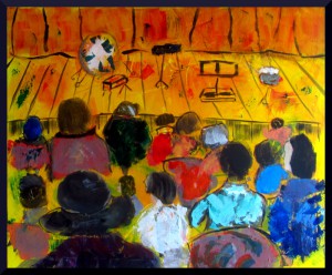 Waiting for the Concert at the Small Hall in the Palau; 65 x 54 cm, 25 x 21" acrylic on canvas