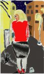 Women with Red Lips Walks Dog