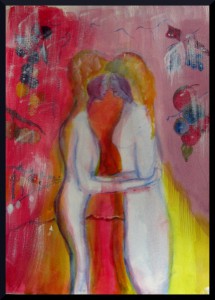 Women Embrace I, acrylics on paper, A3, 16.5 x 11.7"