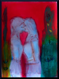 Women Embrace II, acrylics on paper, A3, 16.5 x 11.7"